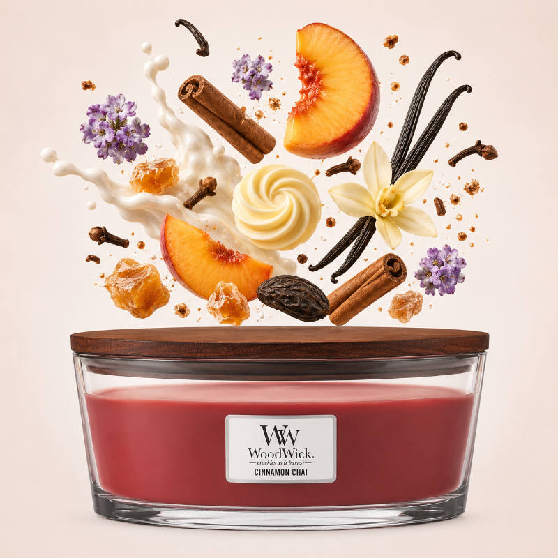 Woodwick Cinnamon Chai Hajo illatú üveggyertya