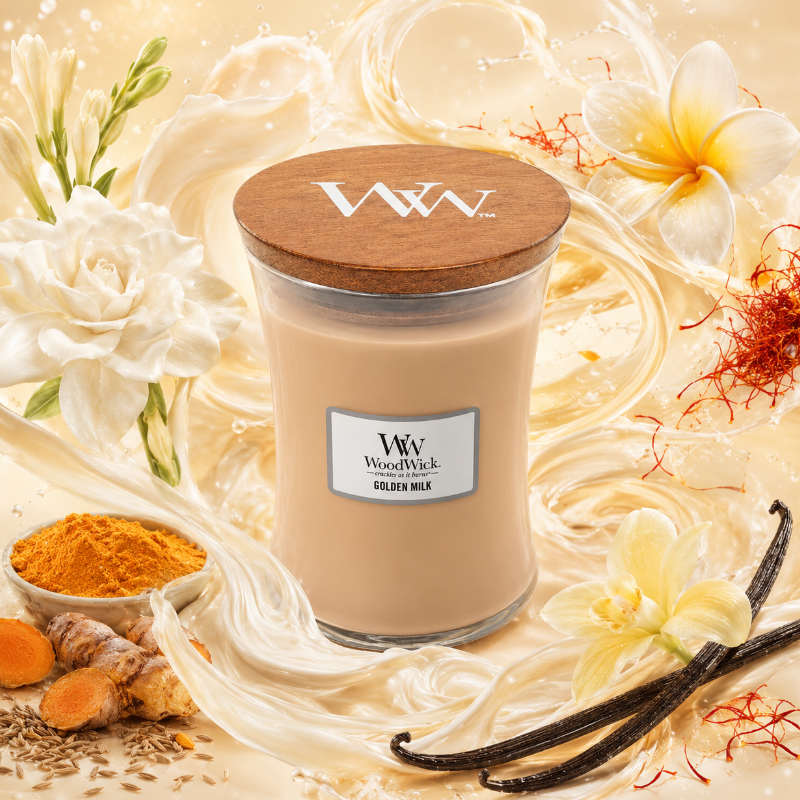 Woodwick Golden Milk illatú nagy üveggyertya
