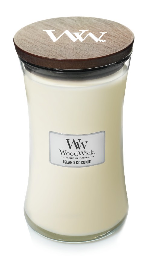 Woodwick Island Coconut illatú nagy üveggyertya
