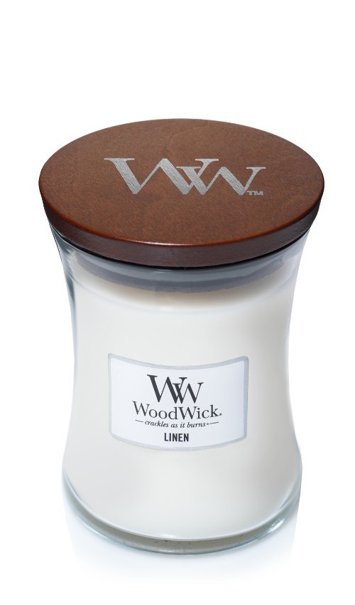 Woodwick Linene illatú közepes üveggyertya