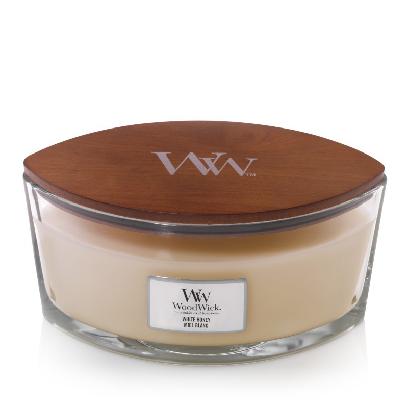 Woodwick White Honey Hajo illatú üveggyertya