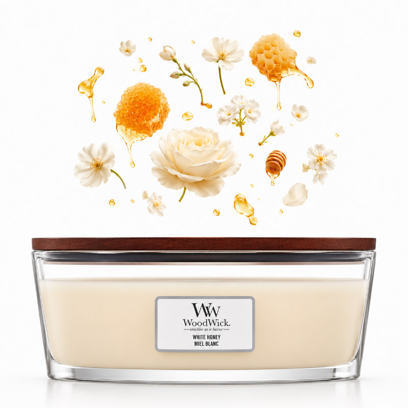 Woodwick White Honey Hajo illatú üveggyertya