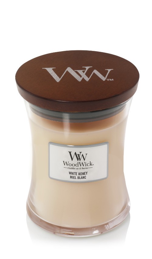 Woodwick White Honey illatú közepes üveggyertya