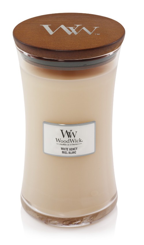 Woodwick White Honey illatú nagy üveggyertya