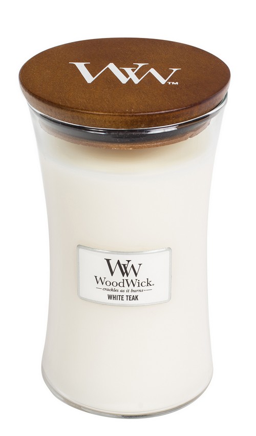 Woodwick White Teak illatú nagy üveggyertya