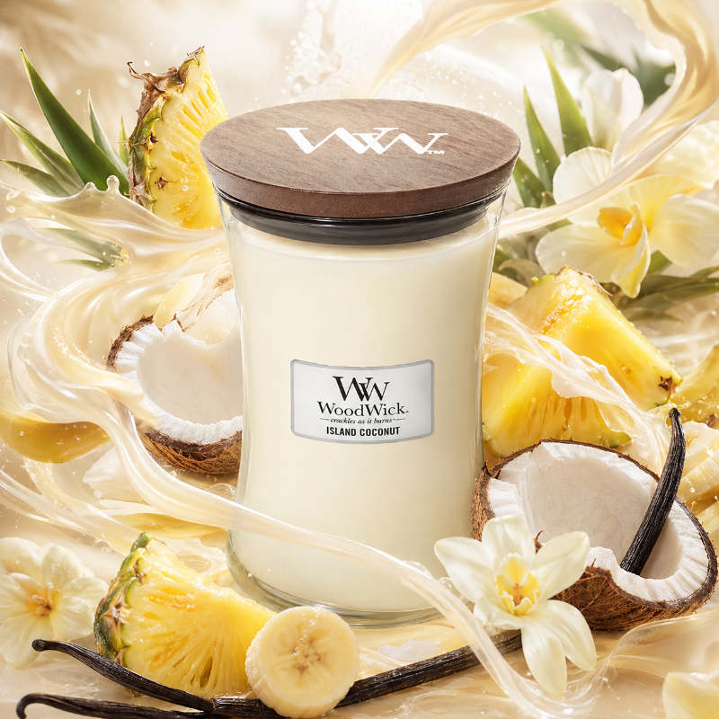 Woodwick Island Coconut illatú nagy üveggyertya