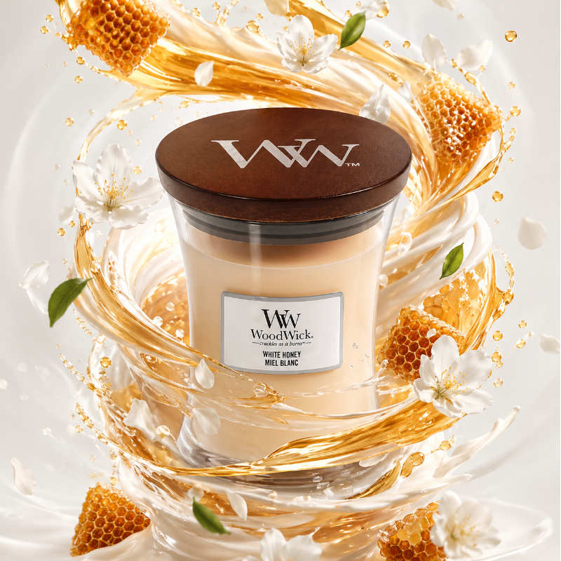 Woodwick White Honey illatú közepes üveggyertya