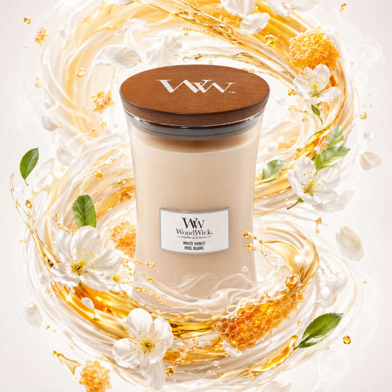 Woodwick White Honey illatú nagy üveggyertya