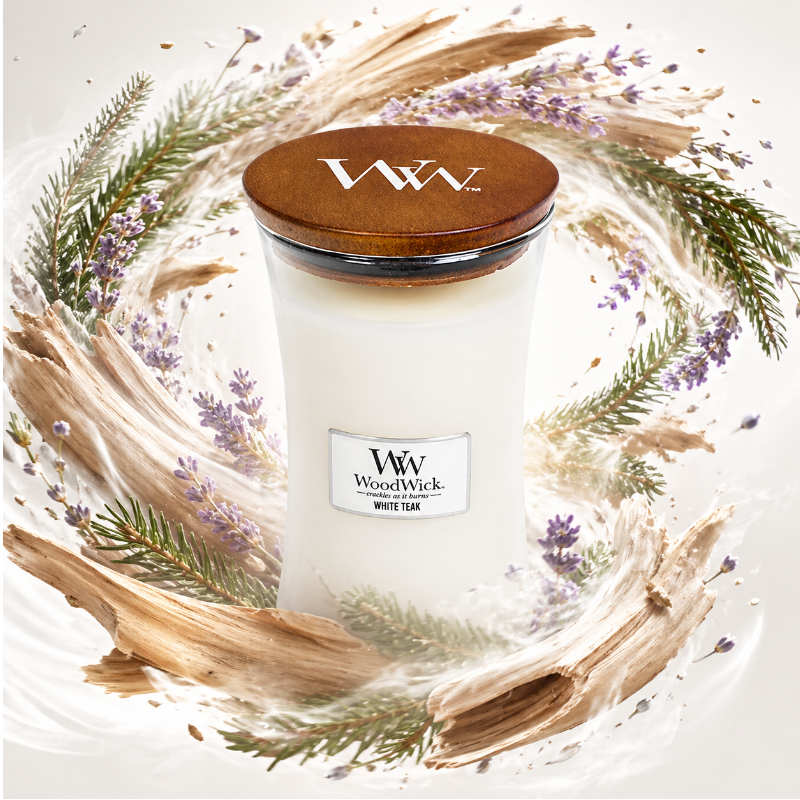 Woodwick White Teak illatú nagy üveggyertya