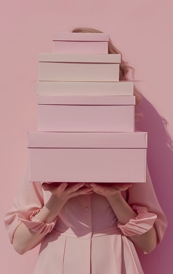 Nő ajándékdobozokkal a kezében