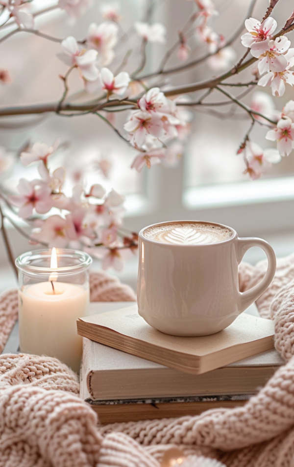 Otthon, kávé, könyv, gyertya